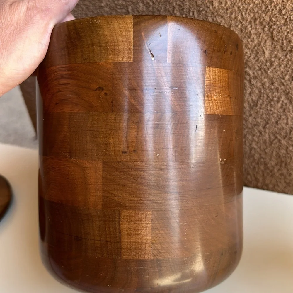 Vintage Kustom Kraft Solid Black Walnut Ice Bucket MCM Danish Modern 8.5” USA